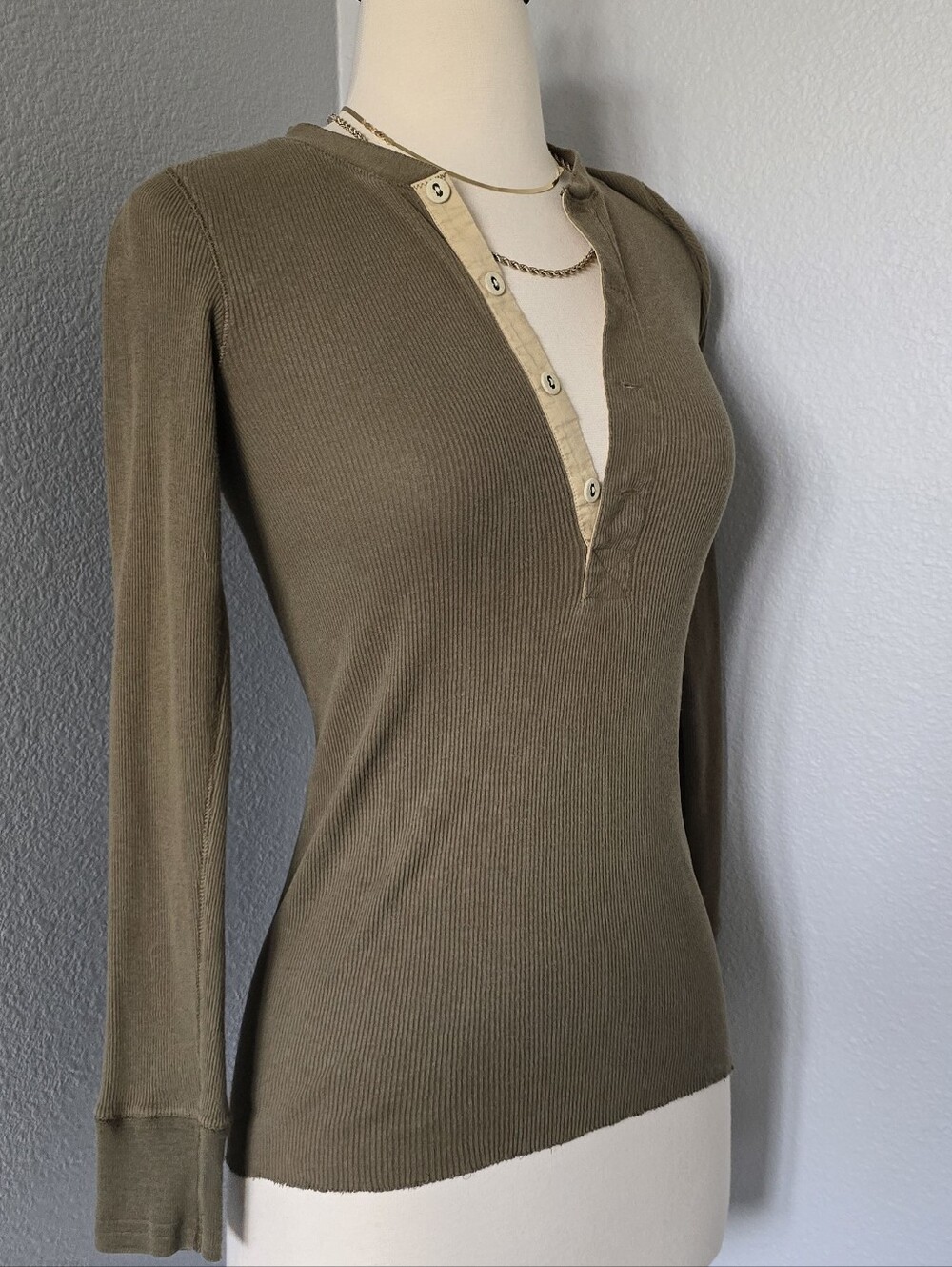 Vintage Ralph Lauren 100% Cotton Ribbed Henley Top Olive Fitted Long Sleeve S - Picture 2 of 6